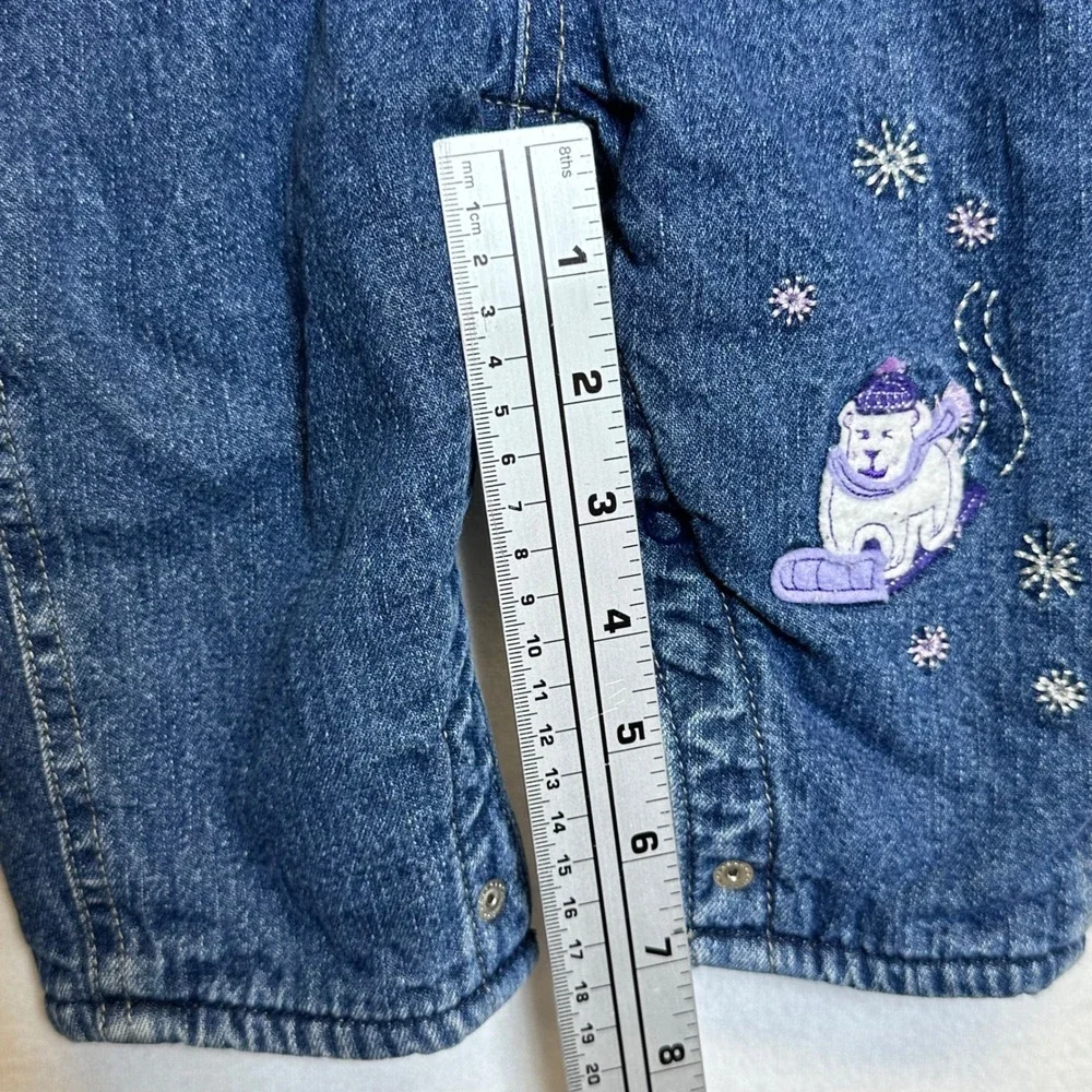 OshKosh Denim Overalls Girls 6-9M Blue Fleece Lined Polar Bear Winter Dungarees